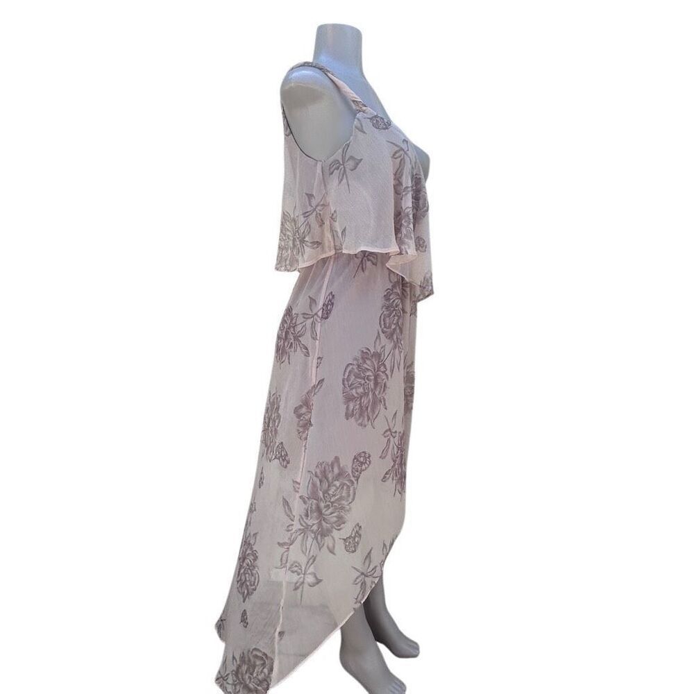 Love21 Popover High Low Dress Women's Medium Pink Taupe Floral Chiffon V-neck - Picture 5 of 14